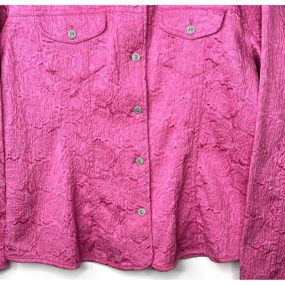 Chico's Womens Jacket Fitted Textured Pink Rose Silver Swirl Buttons Size 2 - Picture 4 of 11